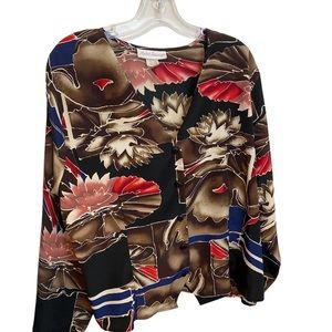 ANDRE SAUVAGE Vintage 80s Brown Rose Water Lily Floral Top